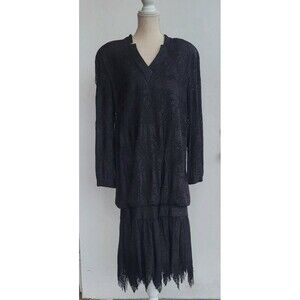 Damianou Vintage Black Jazzy Knit Lace cocktail Evening Drop waist Dress Size M